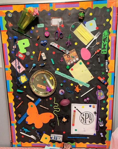 Playground Bulletin Board Ideas, I Spy Bulletin Board Ideas, I Spy Wall, I Spy Bulletin Board, Speech Bulletin Boards, Tot School Themes, Children's Day Activities, Creative Bulletin Boards, Letter Learning Activities