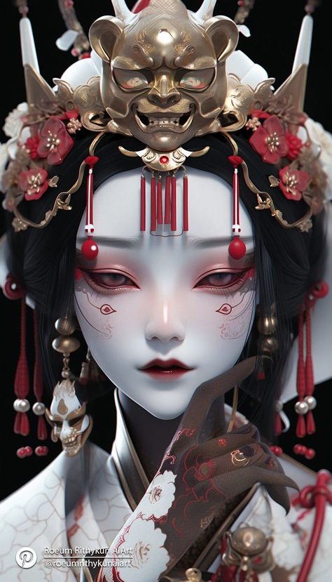 Mascara Oni, Geisha Art, Blue Eyeliner, Gothic Fantasy Art, Bride Dolls, Arte Cyberpunk, Lower Lashes, Dark Art Illustrations, Arte Fantasy