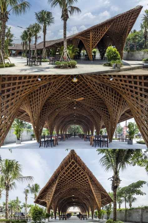 Keeng Seafood Restaurant Bamboo Restaurant, Bamboo Roof, Shell Structure, Bamboo Structure, Bamboo Architecture, Bamboo Construction, Airport Design, Roof Structure, Private Dining Room