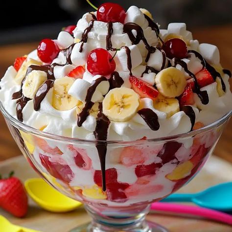 Delightful Banana Split Fluff | Homemade Recipes Banana Split Fluff, Trifle Cake, Fluff Salad Recipes, Banana Split Dessert, Banana Splits, Fun Dessert, Decorating Food, Snowball Cookies, Raspberry Filling