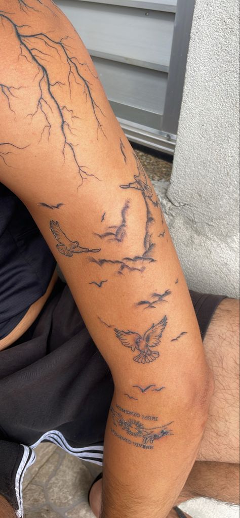 Full Arm Lightning Tattoo, Lighting Tattoo On Leg, Mid Sleeve Tattoo, Cloud Tattoo Arm, Sleeve Tattoos Clouds, Lighting Tattoo Men, Clouds And Lightning Tattoo, Angel Wing Forearm Tattoo, Inner Forearm Tattoo Men Half Sleeves