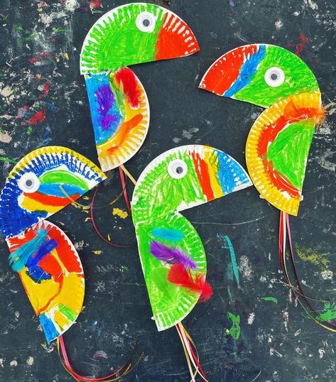 Parrot Paper Plate Craft, Jamaica Crafts For Preschool, Preschool Parrot Craft, Parrot Art For Kids, Paper Plate Parrot, Pirate Activity, Bird Paper Craft, Parrot Craft, Forest Crafts