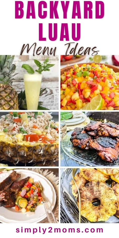 Hawaiian Taco Bar, Tropical Lunch Ideas, Luau Chicken Recipes, Luau Party Menu Ideas, Hawaiian Sweet Potato Recipes, Huli Huli Chicken Side Dish, Hawaiian Dinner Party Menu Ideas, Hawaiian Bbq Recipes, Luau Potluck Food