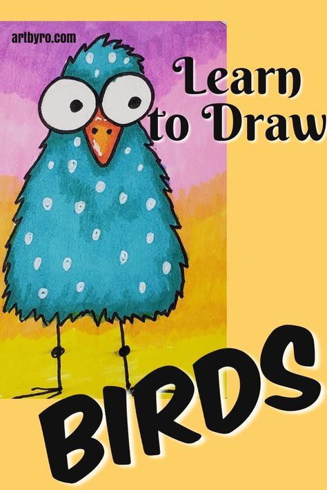 Draw A Bird Easy, Cartoon Bird Drawing, Drawings With Markers, Whimsical Art Drawings, Draw Outline, Draw A Bird, Funny Bird Pictures, Draw Birds, Trading Card Ideas