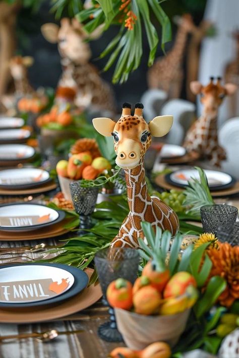 My Top Safari Party Ideas for Wild Fun! Safari Jungle Table Decor, Africa Decorations Party, Zoo Theme Centerpieces, Africa Birthday Party, Jungle Safari Centerpieces Ideas, Come Dine With Me Themes, Safari Themed Party Games, Jungle Dinner Party, Jungle Tea Party