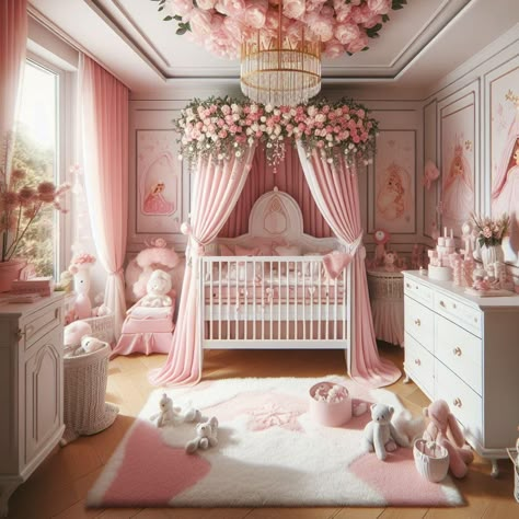 Pink Princess Aesthetic Room, Pink Crib Nursery, Luxury Baby Girl Nursery, Princess Nursery Ideas, Bridgerton Nursery, Princess Baby Room, Sleeping Beauty Nursery, Baby Girl Nursery Princess, Royal Baby Rooms