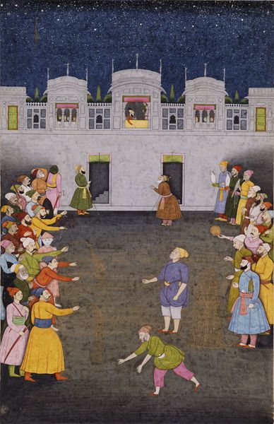 a tiny figure in a white turban and orange-brown Jama - tied to the Right in Muslim fashion - sits smoking a hookah at the window of a palace. In the courtyard are two groups of servants, their Jamas Tied to the Left Hindu-style. ca. 1751 by Nainsukh, Punjab Hills, India Persian Miniature, Dance Art, Indian Painting, Krishna Art, Fireworks Display, Old Art, Indian Paintings, How To Make Paint, National Art