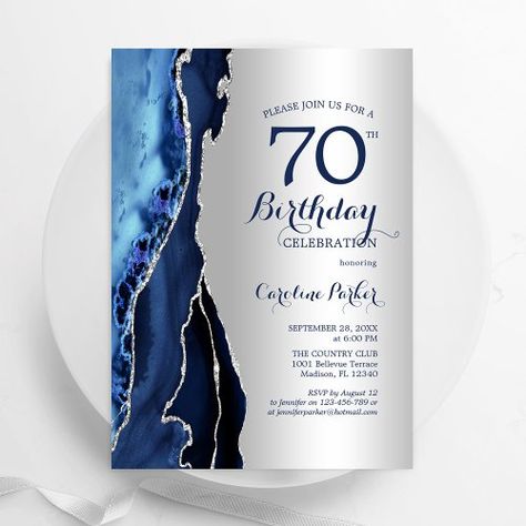 $1.85 | Silver Navy Blue Agate 70th Birthday - 70th birthday party, agate, navy blue silver, womens birthday, geode, marble, watercolor blue, chic, elegant, milestone 75th Birthday Invitations, Navy Party, Womens Birthday, 70th Birthday Party, 70th Birthday Invitations, Silver Invitation, 70th Birthday Parties, 75th Birthday, Watercolor Blue