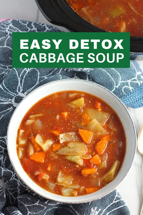 This Detox Cabbage Soup is a healthy and easy recipe that's surprisingly filling, low-calorie, veggie-packed. It's a great way to cleanse your system and eat light meals! The soup is light, but filling with cabbage, tomato, carrots, onion, and garlic. Made in the slow cooker, it's also super easy! #slowcooker #crockpot #healthydinner #healthy #healthyrecipes #detox #soup #easydinner #dinner #lowcarb #lightrecipes #glutenfree #vegetarian #dairyfree Vegan Cabbage Soup, Detox Cabbage Soup, Soup Cabbage, Vegan Cabbage, Homemade Vegetable Broth, Cabbage Soup Diet, Detox Soup, Soup Diet, Diet Vegetarian