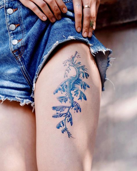 Thigh Band Tattoos Women Unique, Blue Tattoos, Lion Tattoo On Thigh, Thigh Band Tattoo, Mandala Thigh Tattoo, Blue Ink Tattoos, Hand Ideas, Girl Thigh Tattoos, Floral Thigh Tattoos