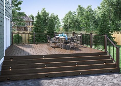 Ground Level Trex Deck, Trex Island Mist Deck Ideas, Composite Deck With Wood Railing, Trex Island Mist Deck, Trex Woodland Brown Deck, Composite Railing, Deck Stain Colors, Aluminum Balusters, Post Sleeve