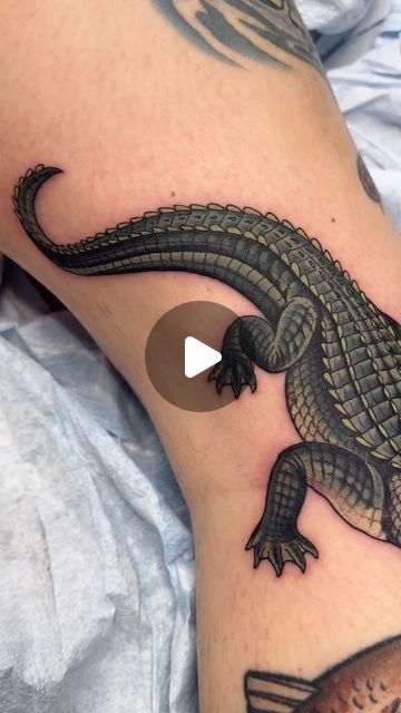 TERRY GROW on Instagram: "Sweet gator tattoo that only took a couple years off my life for @lilsaucie #aaatattoo#alligator #alligatortattoo" American Traditional Alligator Tattoo, Snapping Turtle Tattoo, Gator Tattoo, Usmc Tattoo, Alligator Tattoo, State Of Florida, American Traditional Tattoo, American Traditional, Fine Line Tattoos