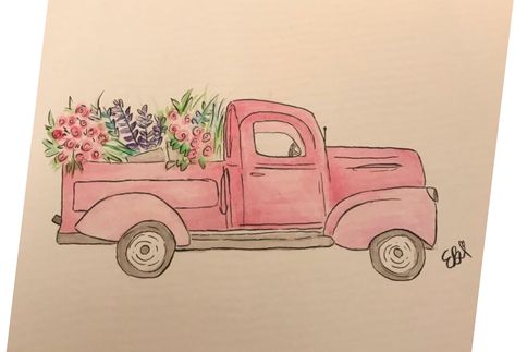 Vertrouw Op God, Pink Truck, Watercolor Beginner, Flower Truck, Pink Watercolor Flower, Art Et Illustration, Art And Illustration, Pics Art, Watercolor Cards