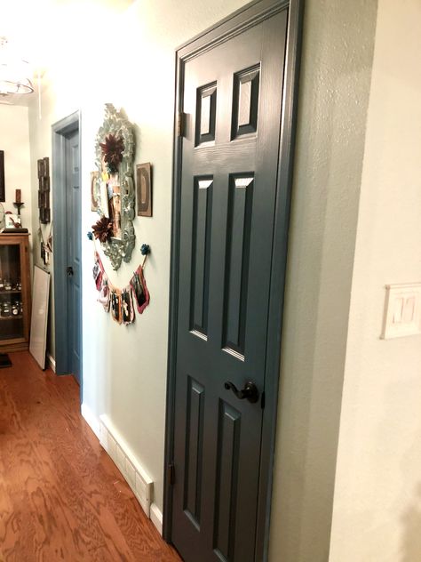 Ol’ Blue Eyes from Valspar on the interior doors. Wall color is Distant Valley. Love the contrast. Dark Interior Doors, Interior Doors, Wall Color, Doors Interior, Tall Cabinet Storage, Blue Eyes, Armoire, Doors, For The Home