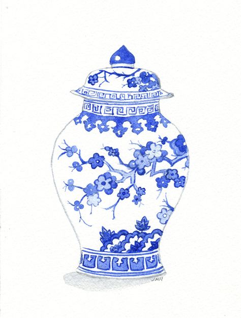 Blue And White Drawing, Blue And White China Tattoo, Blue And White Paintings, Porcelain Vase Tattoo, Chinoiserie Drawing, Ginger Jar Illustration, Blue Pottery Designs, Blue China Vase Watercolor, Blue And White Art