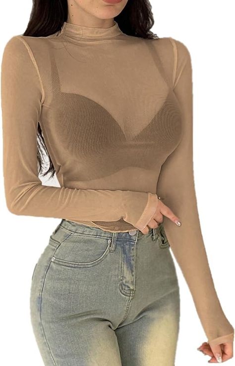 ADOME Mesh Shirt See Through Tops for Women Mesh Top Women Long Sleeve Nude M at Amazon Women’s Clothing store Long Sleeve Tops For Women, Beige Crop Tops, Sheer Long Sleeve Top, Tøp Aesthetic, Mesh Shirt, Sheer Long Sleeve, Women Sleeve, Top Women, Amazon Women