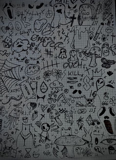 Doodle Art Horror, Horror Doodles, Boring Drawing, Notebook Drawing Aesthetic, Dark Doodles, Easy Graffiti Drawings, School Drawing, Magic Runes, Traditional Tattoo Designs