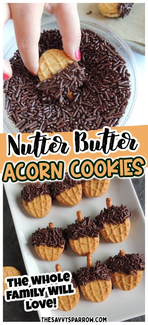 Cute Fall Treats, Fall Treats To Make, Nutter Butter Acorn Cookies, Easy Thanksgiving Cookies, Nutter Butter Acorns, Cookie Recipes Thanksgiving, Chocolate Sheet Cake Recipe, Acorn Cookies, Homemade Pie Recipes