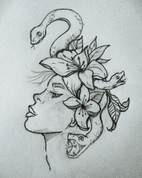 Snake Medusa Tattoo, Madussa Sketch, Medusa Drawing Side Profile, Medusa Drawing Ideas, Medusa Drawing Sketches Easy, Medusa Snakes Drawing, Easy Madusa Drawings, Snake With Flowers Drawing, Cartoon Medusa Tattoo