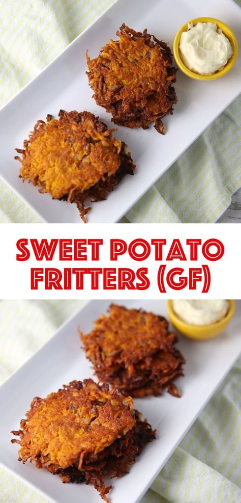 These Sweet Potato Fritters are easy to make and so delicious! The natural sweetness of the Potato paired with the Onions and seasonings blend perfectly together. I also made a Garlic Parmesan Sauce to go with this, that is a must try! Potatoe Fritters, Sweet Potato Fritters, Mediterranean Foods, Garlic Parmesan Sauce, Potato Fritters, Gluten Free Recipes Bread, Side Dishes For Bbq, Delicious Appetizer Recipes, Parmesan Sauce