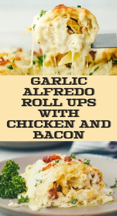 Chicken Alfredo Rolls, Alfredo Roll Ups, Bacon Lasagna, Chicken Lasagna Rolls, Chicken Bacon Alfredo, Chicken Alfredo Lasagna, Alfredo Lasagna, Bacon Roll, Chicken And Bacon