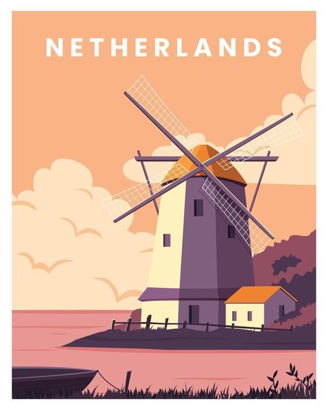 Netherland Travel Landscapes Vector Illustration with windmill. vector for poster, postcard, art print with minimalist style Country Illustration Art, Vector Travel Poster, Netherlands Illustration, Windmill Illustration, Europe Illustration, Travel Vector Illustration, Netherlands Poster, Penpal Ideas, Postcard Illustration