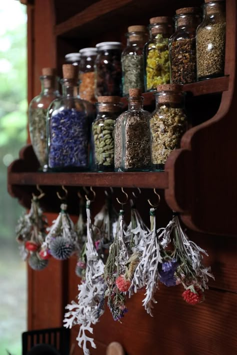 Apothecary Building, Apothecary Shelf, Hanging Bottles, Witch Bedrooms, Green Witch Aesthetic, Witchy Kitchen, Witch Kitchen, Apothecary Decor, Witchy Room