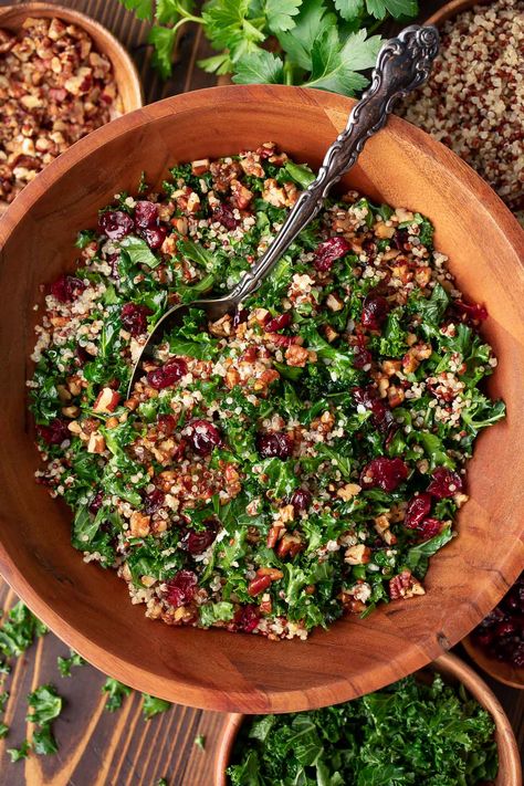 Cranberry Kale Quinoa Salad with Candied Pecans and Feta Quinoa Salad Cranberries, Kale Pecan Cranberry Salad, Cranberry Kale Salad, Kale Cranberry Quinoa Salad, Crunchy Kale And Quinoa Winter Salad, Kale Apple Cranberry Salad, Kale Quinoa Cranberry Salad Recipes, Kale Feta, Cranberry Quinoa Salad