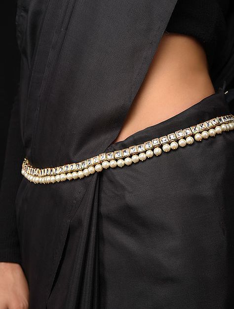 Buy Gold Tone Kundan Waist Belt with Pearls Online at Jaypore.com Hip Chain For Saree, Hip Belts, Hip Chain, Simple Lehenga, Waist Belts, Shopping Coupons, Belly Chain, Simple White, Buy Gold