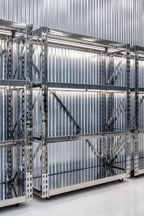 Off White Store, Corrugated Wall, Corrugated Metal Wall, Stainless Steel Shelving, Moveable Wall, Movable Walls, Basalt Stone, White Concrete, Stained Concrete