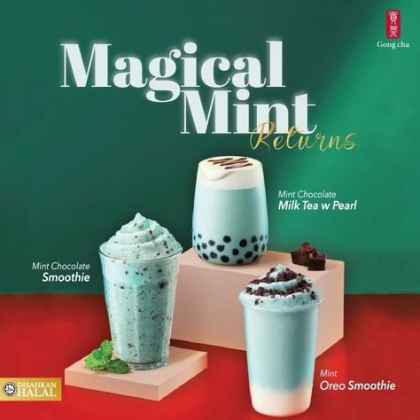 The holiday drinks you love are back! Enjoy the Magical Mint series, featuring Mint Chocolate Milk Tea, Mint Chocolate Smoothie, and Mint Oreo Smoothie. Mint Milk Tea, Mint Chocolate Chip Starbucks Drink, Chocolate Milk Tea, Chocolate Mint Milkshake, Chocolate Mint Tea, Mint Chocolate Chip Shake, Oreo Smoothie, Mint Hot Chocolate, Mint Choco