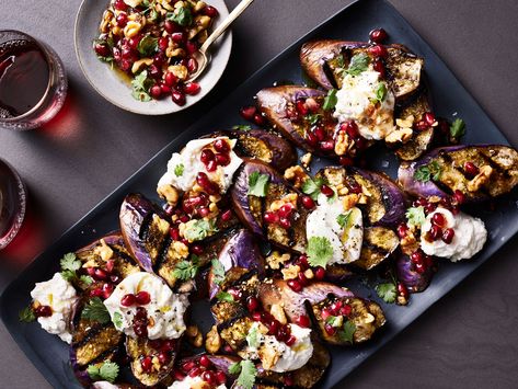 Charred Eggplant with Burrata and Pomegranate-Walnut Relish Recipe - Hetty McKinnon | Food & Wine Burrata Recipe, Pomegranate Recipes, Gluten Free Main Dishes, Eggplant Dishes, Relish Recipes, Burrata Cheese, Roasted Root Vegetables, Grilled Eggplant, Eggplant Parmesan