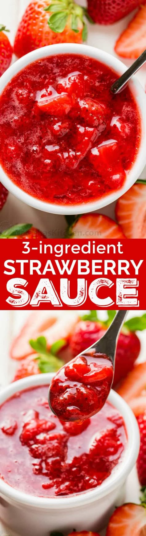 There is no rival for homemade strawberry sauce. It has just 3 ingredients and this is the easiest strawberry sauce recipe. This strawberry sauce is completely wonderful over ice cream, pancakes, waffles, pie, cheesecake, this trifle, you name it! Excellent homemade strawberry topping! | natashaskitchen.com #strawberrysauce #freshstrawberrysauce #strawberries Winter Marmelade, Strawberry Sauce Recipe, Simply Stacie, Homemade Strawberry Sauce, Cheesecake Toppings, Berry Sauce, Healthy Strawberry, Strawberry Topping, Strawberry Sauce