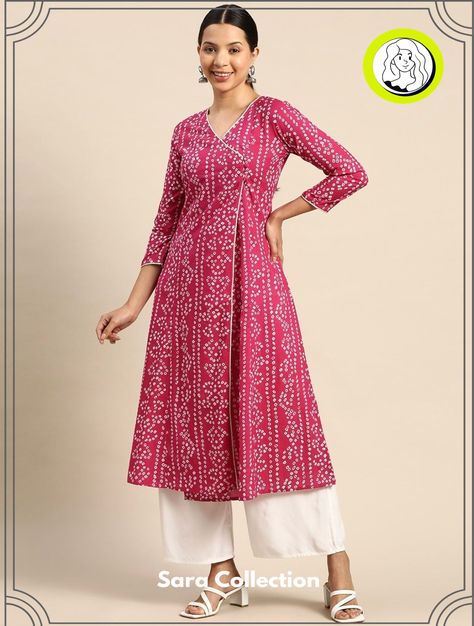 Unique Kurti Neck and Sleeve Combinations Badhani Kurtis Design Cotton, Bandhani Print Kurti, Everyday Kurti Outfits, Kurti Designs Latest Cotton Printed, A Line Kurti Designs, Angrakha Style Kurti, Indian Dress For Women, Printed Kurti Designs, Indian Dresses For Women