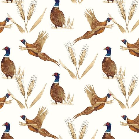 Pheasant Wallpaper Bathroom, Pheasant Wallpaper, Pheasant Decor, Pheasant Illustration, Common Pheasant, Hunting Wallpaper, Goose House, Cottage House Interior, Vintage Fox