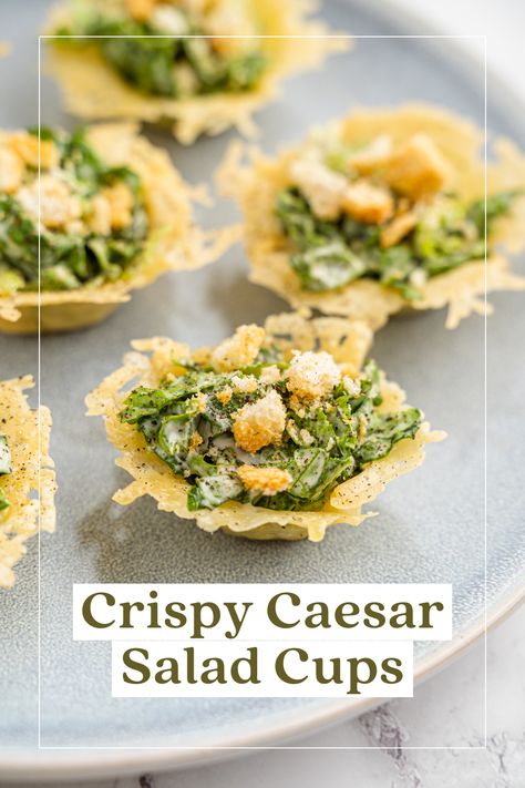 Caesar Salad Parmesan Cups Caesar Salad Bites, Passover Plates, Caesar Salad Cups, Cheese In The Oven, Salad Parmesan, Salad Cups, Parmesan Cups, Chicken Caesar Pasta, Individual Appetizers