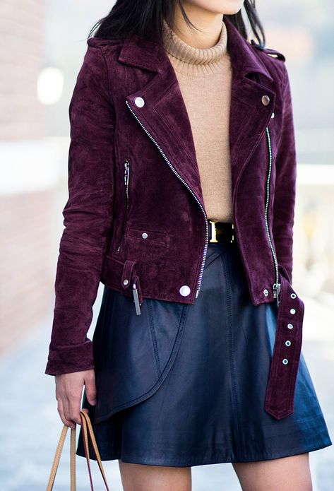 Nyc Morning, Leather A Line Skirt, Ultimate Capsule Wardrobe, Eggplant Color, Suede Moto Jacket, Edgy Chic, Purple Jacket, Faux Leather Moto Jacket, Cool Jackets