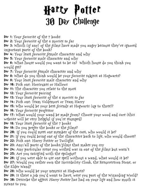 Harry Potter 30 Day Challenge. Only for true fans. But it's nice to have a little bit of a conversation other than how was your day and what's for dinner, and are the bills paid every day. I like it. Hogwarts Brief, Uppfostra Barn, Kids Sleepover, Felix Felicis, Love Quiz, Glume Harry Potter, Sleepover Ideas, Sleepover Activities, Writing Challenge