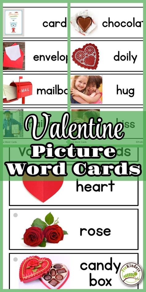 Here is a great teaching resource from PreKinders to use for your Pre-K or Preschool literacy activity! Use these Valentine picture word cards for activities such as clapping or stomping the syllables in the words, or by making a picture dictionary with them! Check out other ways to use these cards for your upcoming Valentine theme! Valentine Literacy Activities, Valentine Preschool Activities, Valentines Writing Activities, Writing Center Preschool, Preschool Valentines Day, Valentine Preschool, Valentines Writing, Writing Activities For Preschoolers, Preschool Valentines Activities