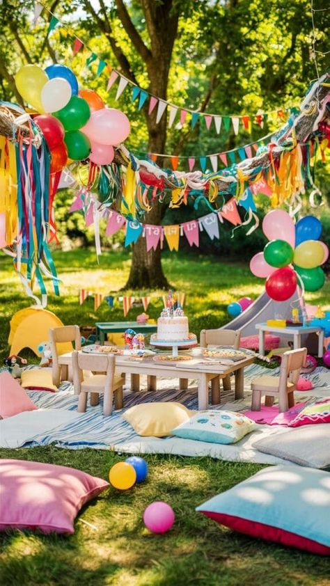 Field Party Ideas, Outside Kids Birthday Party Ideas, Park Birthday Decor, Toddler Picnic Birthday Party, Kids Picnic Birthday Party, Kids Festival Party Ideas, Nostalgic Birthday Party, Schools Out For Summer Party, Toddler Garden Party