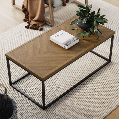 Light Brown Table, Modern Farmhouse Coffee Table, Modern Industrial Coffee Table, Coffee Table Metal Frame, Rectangle Coffee Table Wood, Nathan James, Herringbone Wood, Minimalist Coffee Table, Industrial Coffee