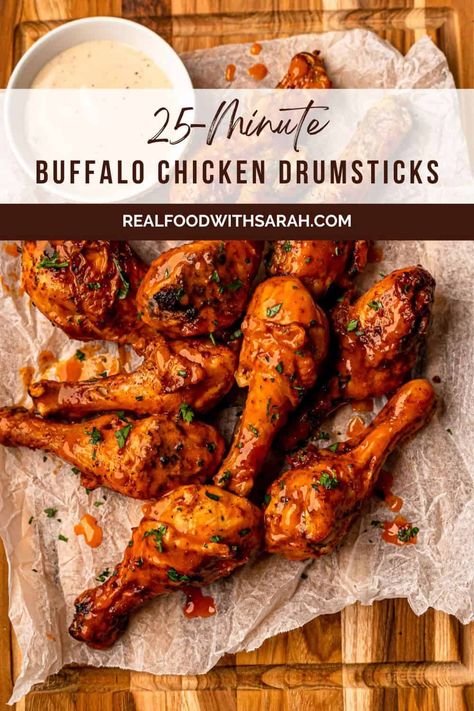 These Air Fryer Chicken Drumsticks are flavorful and easy to make. Seasoned with a dry rub and tossed in buffalo sauce, you will love them! Buffalo Chicken Drumsticks, Air Fryer Chicken Drumsticks, Hot Sauce Chicken, Air Fryer Buffalo Chicken, Fried Chicken Drumsticks, Fried Chicken Legs, Buffalo Recipe, Baked Chicken Drumsticks, Chicken Wing Sauces