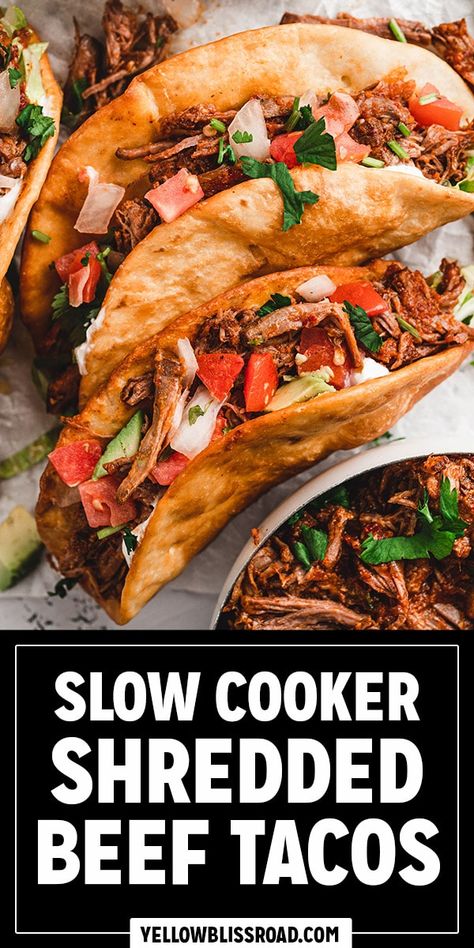 Learn how to make the most tender and juicy meat for shredded beef tacos. Slow cooked in an easy homemade adobo sauce for maximum flavor. Shredded Beef Tacos Recipes, Slow Cooker Shredded Beef, Shredded Beef Tacos, Mexican Shredded Beef, Fried Tacos, Beef Tacos Recipes, Mexican Sauce, Beef Tacos, Chipotle Sauce