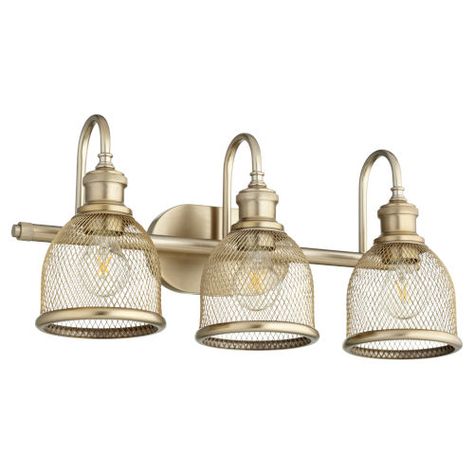 Quorum International 5212-3-80 Omni Aged Brass 23-Inch Three-Light Bath Vanity | Bellacor Brass Bathroom Lighting, Brass Vanity Light, Brass Vanity, Industrial Bathroom Vanity, Quorum Lighting, Brass Bathroom, Light Vanity, Bath Vanity Lighting, Bath Light