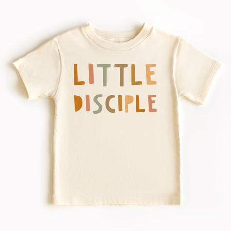 "Introducing our charming and meaningful \"Little Disciple\" kids shirt, specially designed to inspire and empower young hearts with its delightful message. This shirt is perfect for children who are proud to embrace their faith and strive to follow in the footsteps of their spiritual role models. -BODYSUIT- .: 100% combed ringspun cotton  .: Infant unisex fit .: Light fabric (5.0 oz/yd² (170 g/m .: Tear-away label -TODDLER & YOUTH TEE- .: 100% Airlume combed and ring-spun cotton  .: Extra light fabric (4.2 oz/yd² (142 g/m .: Retail fit .: Tear-away label  Various factors such as your screen resolution, color settings, display type, lighting conditions during photoshoot, and the fact that each person sees colors differently, can all affect how the colors are displayed on the Internet. Cons Kids Christian Shirts, Christian Tshirt Design Ideas, Christian Kids Shirts, Church Merch, Jesus Kids, Church Branding, Christian Clothing Brand, Kids Shirts Design, Christian Shirts Designs