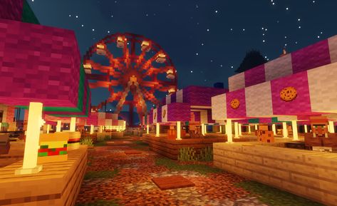 Minecraft Carnival Rides, Minecraft Theme Park Builds, Birthday Minecraft Builds, Circus Minecraft Build, Minecraft Carnival Games, Minecraft Amusement Park Entrance, Carnival Minecraft, Minecraft Carousel, Minecraft Theme Park Ideas