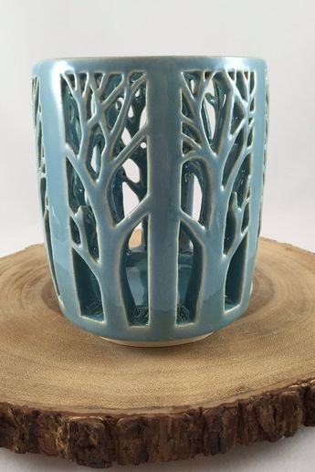 Pierced Ceramic Lanterns, Ceramic Luminary Handmade, Pottery Votive Holder, Luminary Pottery Candle Holders, Pottery Piercing Designs, Lantern Pottery Ideas, Clay Votive Candle Holder, Ceramic Luminaries Handmade, Ceramic Tea Lights