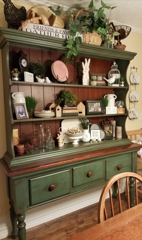 Furniture Upcycle, Green Painted China Cabinet, Rudtic Hutch With Wall Paper, Dining Room Hutch Decor, Cottagecore China Cabinet, Farmhouse Hutch Teal, Farmhouse Hutch China Cabinets & Hutches, Dining Room Hutch, Repurposed Furniture Diy