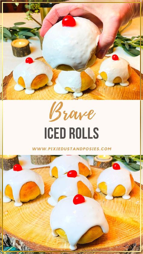 Iced Sweet Rolls, Rainy Day Baked Goods, Disney Baked Goods, Iced Rolls Brave, Brave Iced Rolls Recipe, Brave Iced Rolls, Brave Recipes, Brave Movie Night, Movie Desserts