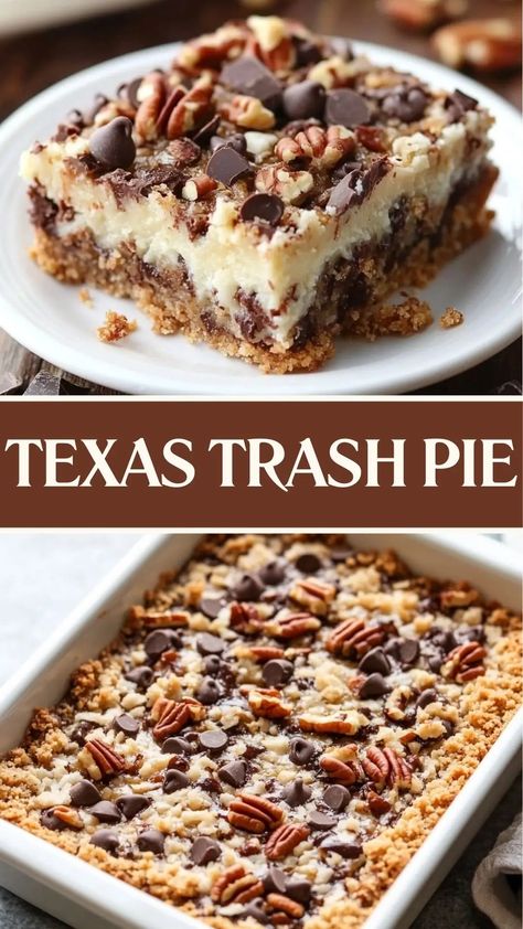 Texas Trash Pie is a rich, gooey dessert with layers of chocolate, coconut, and pecans bound together by condensed milk. Bake this easy treat for your next gathering and watch it disappear! Save this recipe to your dessert board now! Texas Trash Cookies, Texas Trash Pie Recipe, Texas Trash Pie, Texas Pie, Trash Pie, Cream Cheese Recipes Dessert, Texas Trash, Dessert Board, Tarts Crust